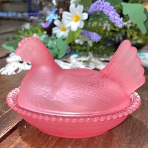 Glass Hen On Nest Candy Dish Pink